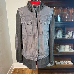 Free People Gray Military Utility Jacket Hoodie with Knit Sleeves Size S